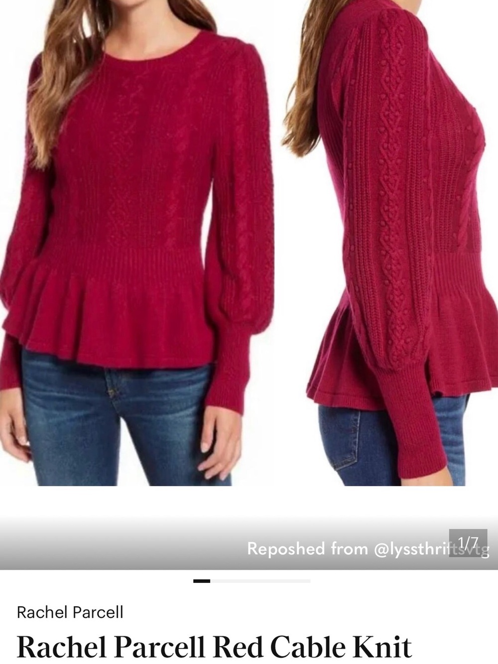 Rachel Parcell Berry Red Cable-Knit Peplum Sweater